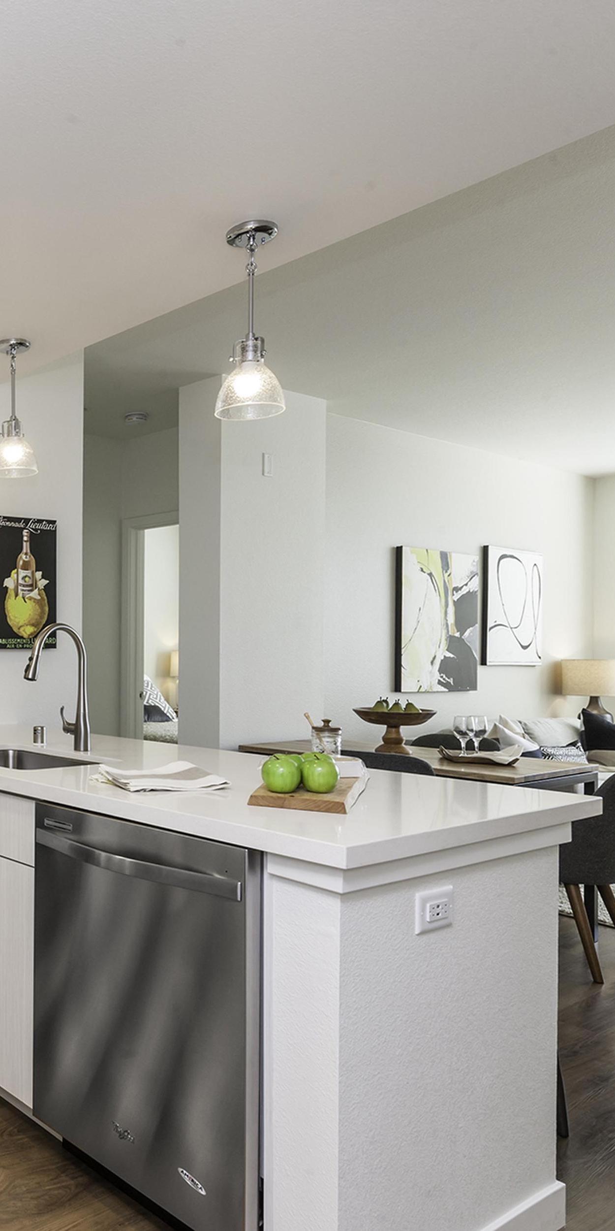 Apartments Foster City CA-One Hundred Grand Kitchen with Modern Lighting and Matching Appliances